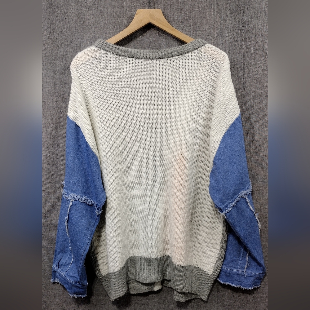 Womens Denim Patchwork Cable Knit Sweater Size XXL Bobo Retro Y2K 90s Streetwear - Picture 6 of 7